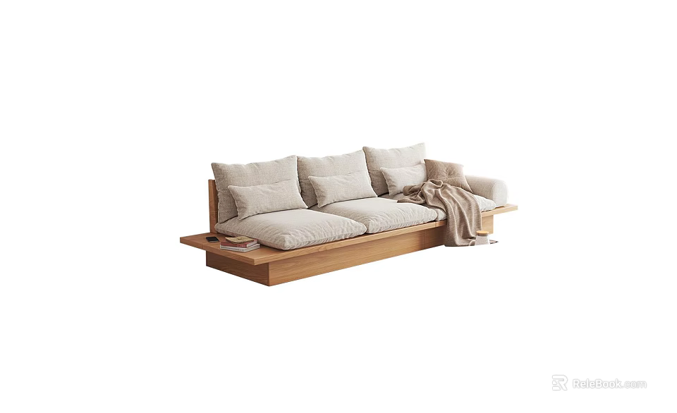 Comfortable Three Seater Sofa With Wooden Base Light Colored Cushions And Throw Blanket 3d model 