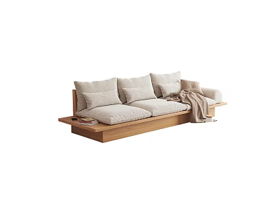 Comfortable Three Seater Sofa With Wooden Base Light Colored Cushions And Throw Blanket 3d model