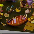 Colorful Indoor Playroom Scene With Yellow Walls Shelves Toys And Small Boat