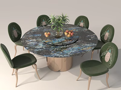 Modern Round Dining Table Set With Green Chairs Marble Tabletop Plant And Fruit 3d model