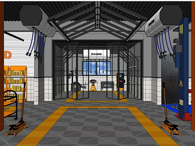 Modern Automotive 4S Shop Interior With Maintenance Area Lifting Equipment And Tool Racks 3d model