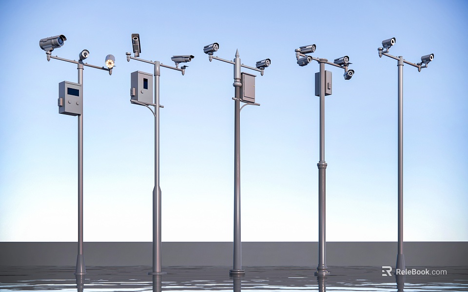 Projection Monitoring System With Multiple Surveillance Cameras Metal Poles And Control Boxes Outdoor 3d model 