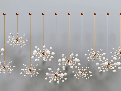 Snowflake Shaped Irregular Pendant Lights with White Beads Gold Metal Rods Hanging in Gray Background 3d model