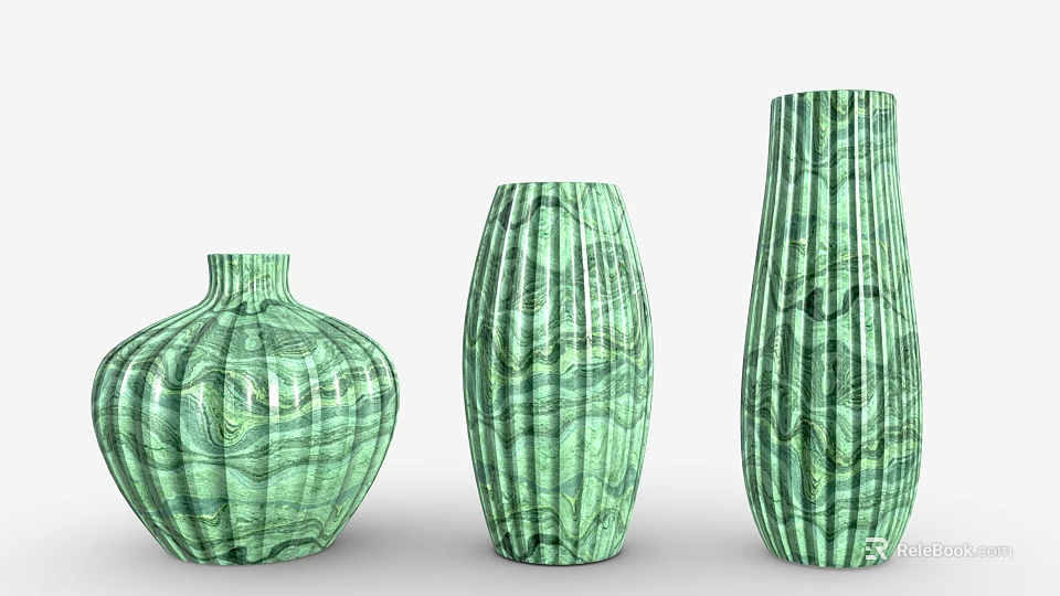 Three Green Decorative Ceramic Vases With Marble Pattern And Different Shapes 3d model