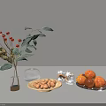 Stylish Decorative Ornament Set With Vase Red Berries Green Leaves Glass Cloche Nuts And Apricots