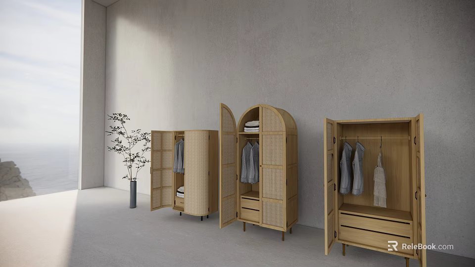 Wooden Wardrobes With Rattan Design Open Doors Displaying Clothes Inside Minimalist Interior Natural Light 3d model 
