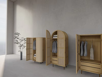 Wooden Wardrobes With Rattan Design Open Doors Displaying Clothes Inside Minimalist Interior Natural Light 3d model