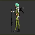 Anime Style Game Character With Teal Hair Green Outfit White Scarf And Rifle