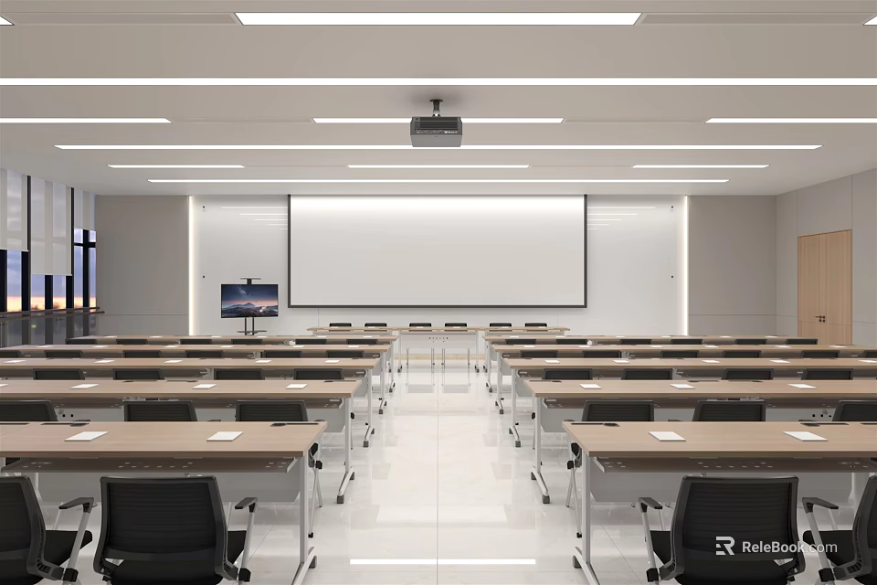 School Modern Classroom With Rows Of Desks Projector And Whiteboard Setup 3d model 