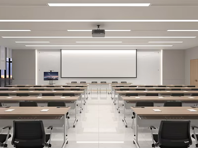 School Modern Classroom With Rows Of Desks Projector And Whiteboard Setup 3d model