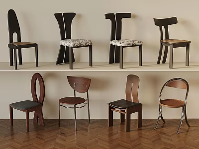 Various Vintage And Modern Style Chairs With Unique Back Designs On Shelves 3d model