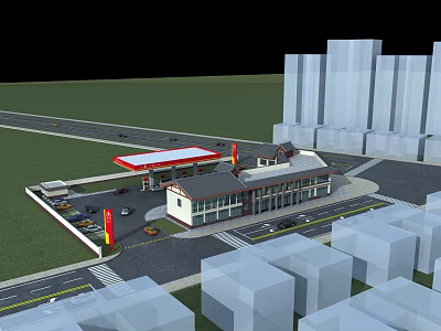 Modern Gas Station With Red Canopy Convenience Store And Urban Tall Buildings 3d model