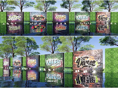 Building Exterior Wall Featuring Colorful Graffiti Art And Tree Surroundings With Reflective Water 3d model