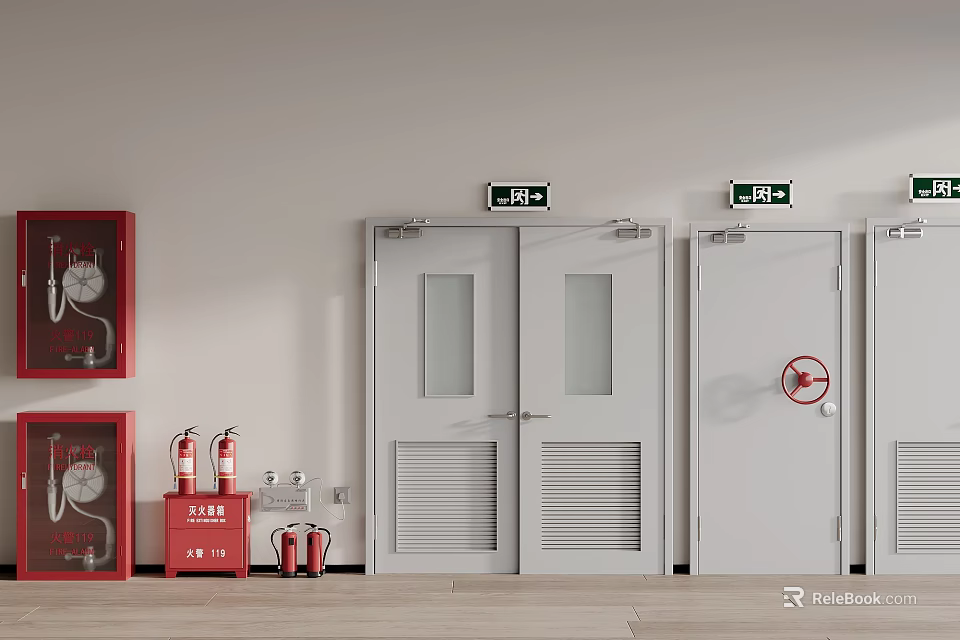 Emergency Exit Doors With Fire Extinguishers And Exit Signs In Safety Facility 3d model 