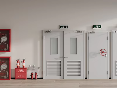 Emergency Exit Doors With Fire Extinguishers And Exit Signs In Safety Facility 3d model