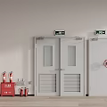 Emergency Exit Doors With Fire Extinguishers And Exit Signs In Safety Facility