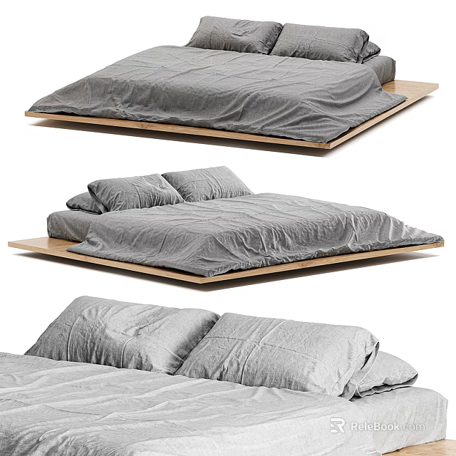 Modern Minimalist Double Bed Interior Design With Wooden Frame And Gray Bedding 3d model 
