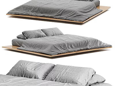 Modern Minimalist Double Bed Interior Design With Wooden Frame And Gray Bedding 3d model