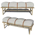 Stylish Sofa Bench With Wooden Frame Gray Cushion And Leather Straps For Living Room