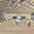 School Music Classroom Interior Featuring Piano Green Chairs Wooden Floor And Lattice Ceiling