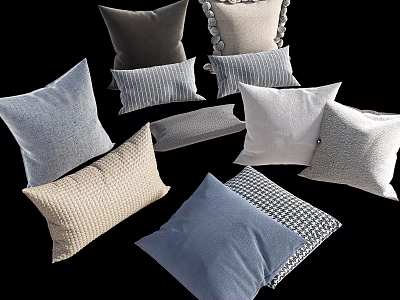 Modern Decorative Throw Pillows in Gray Beige Blue with Striped Checkered Textured Designs 3d model
