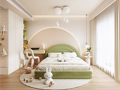Kids Room Interior With Green Headboard Bed Round Rug White Rabbit Plush And Arched Design 3d model
