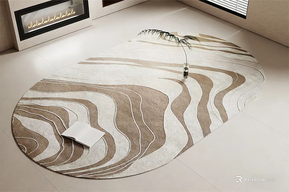 Oval Shaped Brown and White Wavy Pattern Rug with Open Book Vase and Green Leaf 3d model 