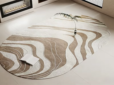 Oval Shaped Brown and White Wavy Pattern Rug with Open Book Vase and Green Leaf 3d model