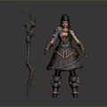 Woman In Fantasy Decorative Armor Holding Green Accented Spear Standing Pose