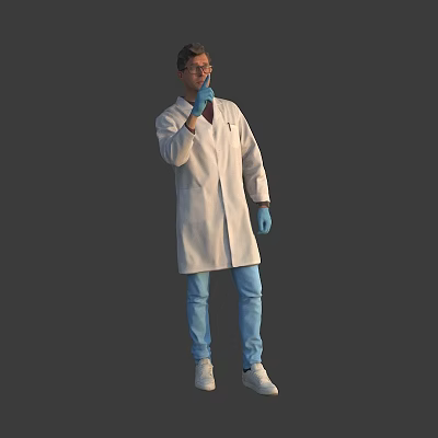 Man Wearing White Lab Coat Blue Gloves Blue Pants And White Shoes Thinking 3d model
