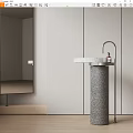 Sleek Terrazzo Pedestal Washbasin In Modern Bathroom With Mirror And Faucet