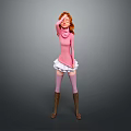Game Movie Character With Red Hair Pink Turtleneck White Skirt Brown Boots And Gray Background