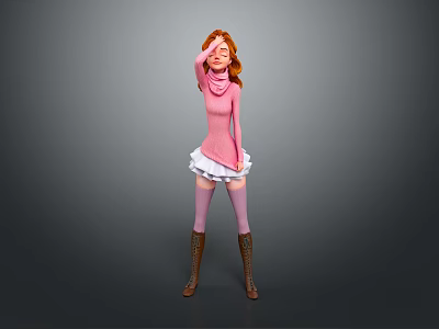 Game Movie Character With Red Hair Pink Turtleneck White Skirt Brown Boots And Gray Background 3d model
