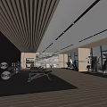 Modern Gym Workout Space With Treadmill Dumbbells Wooden Ceiling And Large Windows