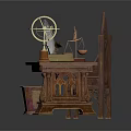 Antique Wooden Desk With Ornate Carved Design Eagle Statue Globe And Scrolls