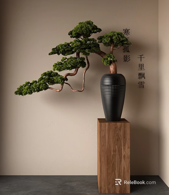 Elegant Bonsai Plant With Green Leaves Curved Branches In Black Textured Vase On Wooden Stand 3d model 