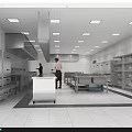 Commercial Restaurant Kitchen With Stainless Steel Workstations Cabinets Two Staff Working Under Bright Lights