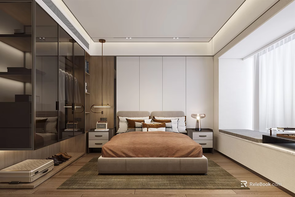 Modern Bedroom Interior With Platform Bed Wooden Cabinets And Large Windows 3d model 