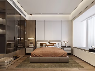Modern Bedroom Interior With Platform Bed Wooden Cabinets And Large Windows 3d model