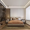 Modern Bedroom Interior With Platform Bed Wooden Cabinets And Large Windows