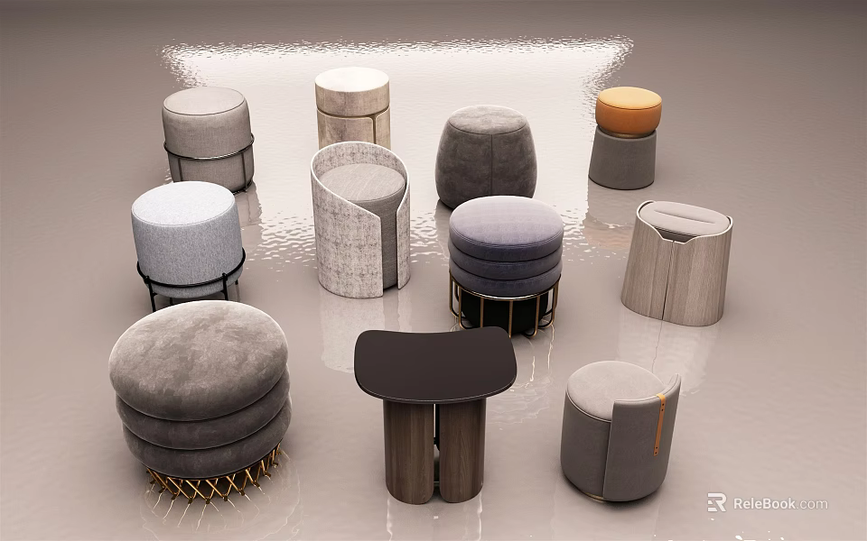 Various Modern Stools With Upholstered Seats Wooden Bases And Stylish Designs 3d model 