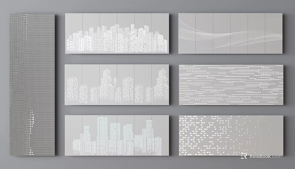 Modern Gray Decorative Wall Panels With City Skyline Wavy Lines And Dot Patterns 3d model 