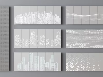 Modern Gray Decorative Wall Panels With City Skyline Wavy Lines And Dot Patterns 3d model