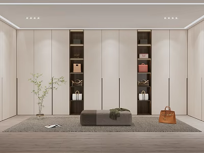 Modern Walk-in Closet With Beige Cabinets Dark Open Shelves Gray Bench Green Plant And Rug 3d model