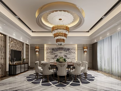 Luxurious Restaurant Interior With Chandelier Dining Table And Chairs Marble Floor Decorative Wall And Curtains 3d model
