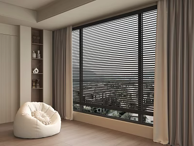 Bright Room Interior With Gray Curtains And Modern Window Blinds Design 3d model