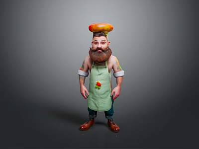 Man With Burger On Head Beard Green Apron Red Decoration Grey Background 3d model