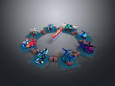 Colorful Toy Helicopters And Vehicles In Circular Arrangement With Central Sign And Stone Decorations 3d model