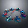 Colorful Toy Helicopters And Vehicles In Circular Arrangement With Central Sign And Stone Decorations