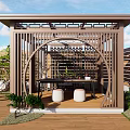 Wooden Landscape Pavilion With Arched Openwork Design Wooden Deck Small Plants And Hanging Chair